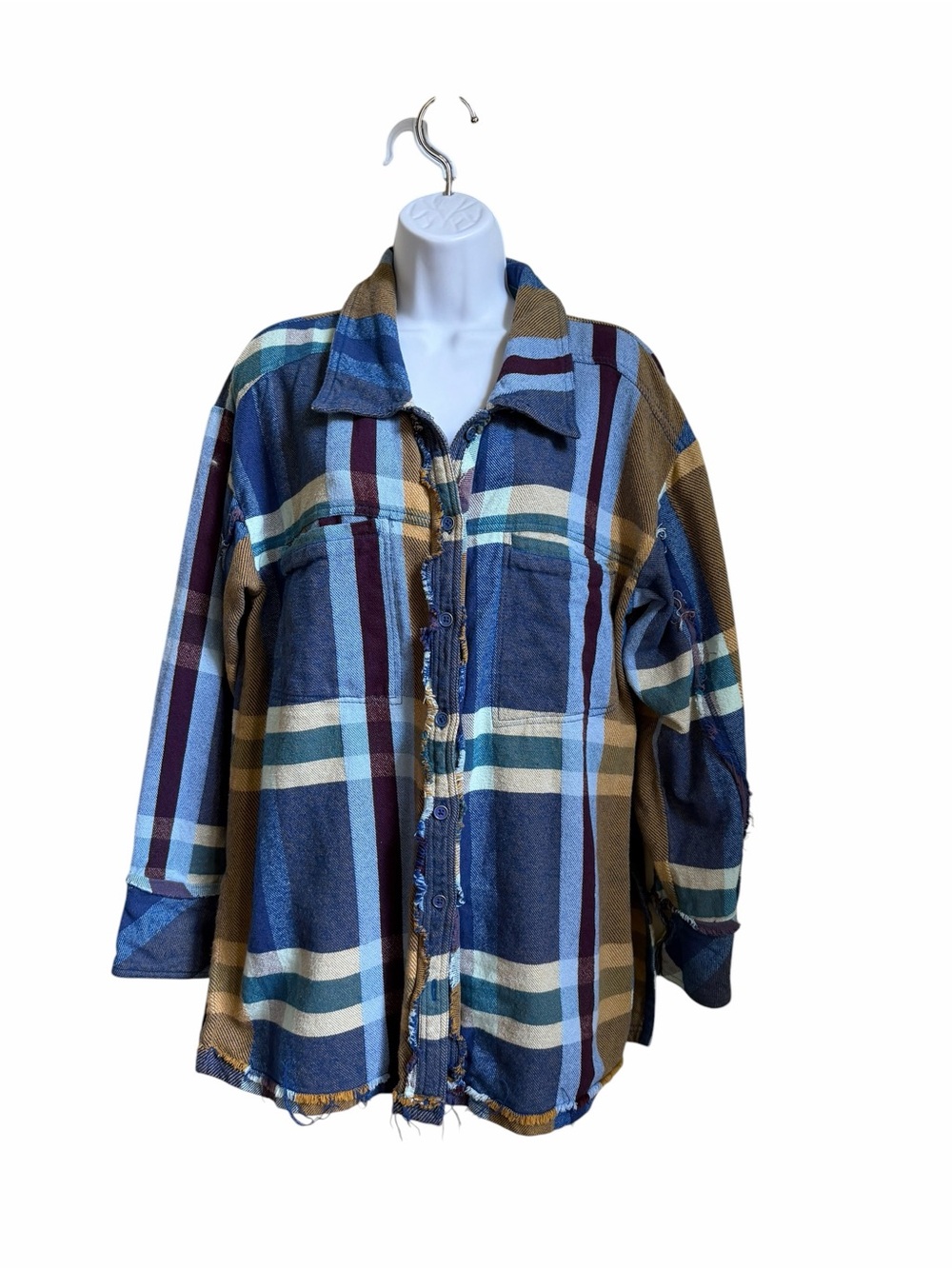 Free People We The Free So Long Summer Flannel Plaid Buttondown Blue Brown Small - Picture 2 of 7